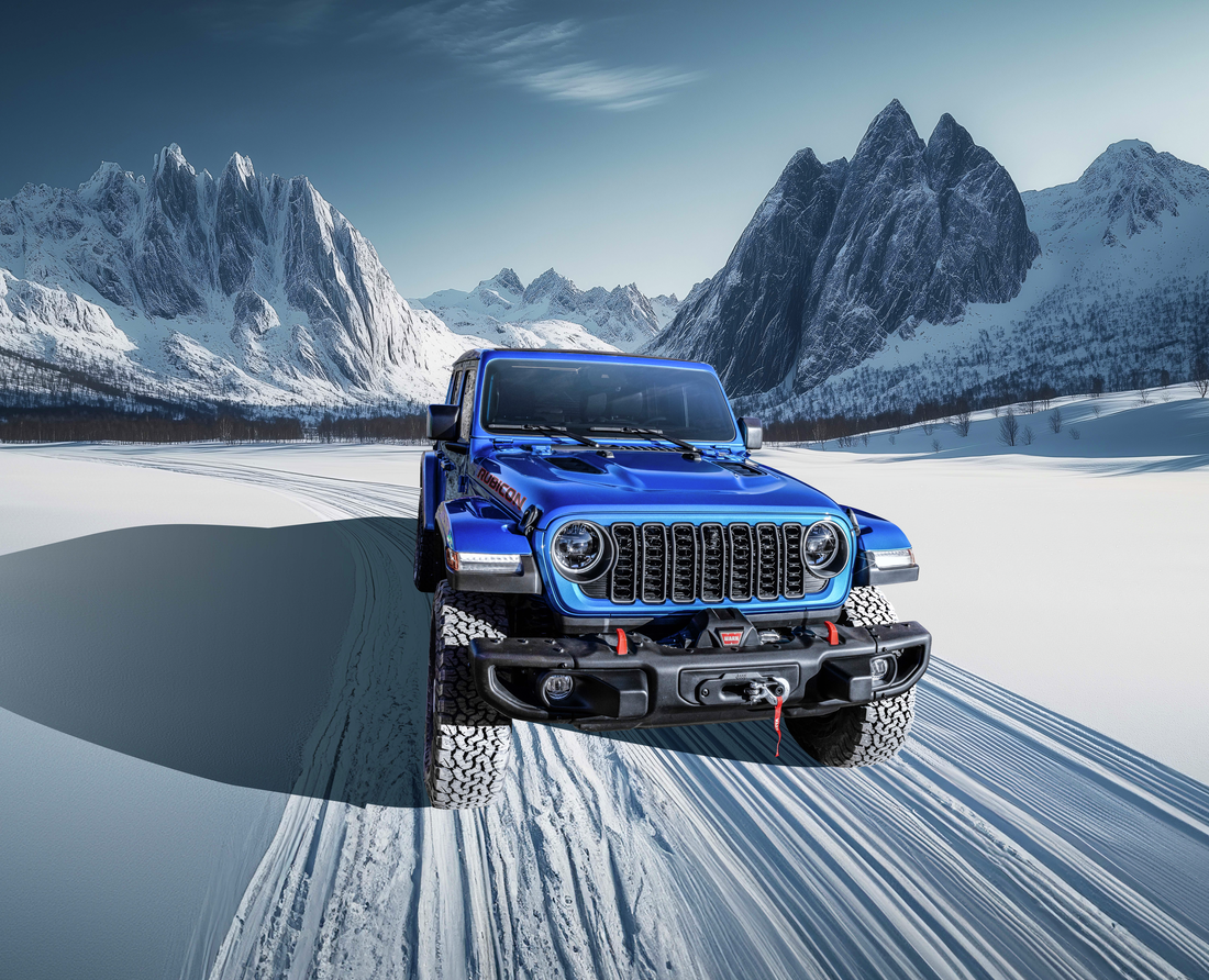 Jeep 4x4 navigating winter snow in Natrona County Wyoming